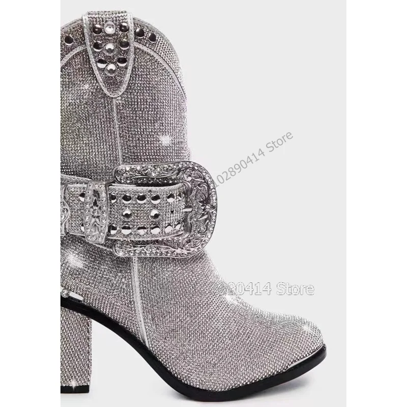 Silver Crystal Belt Fastener Rivets Decor Pointed Toe Boots Side Zipper Women Shoes Chunky Heels Runway 2023 Zapatos Para Mujere