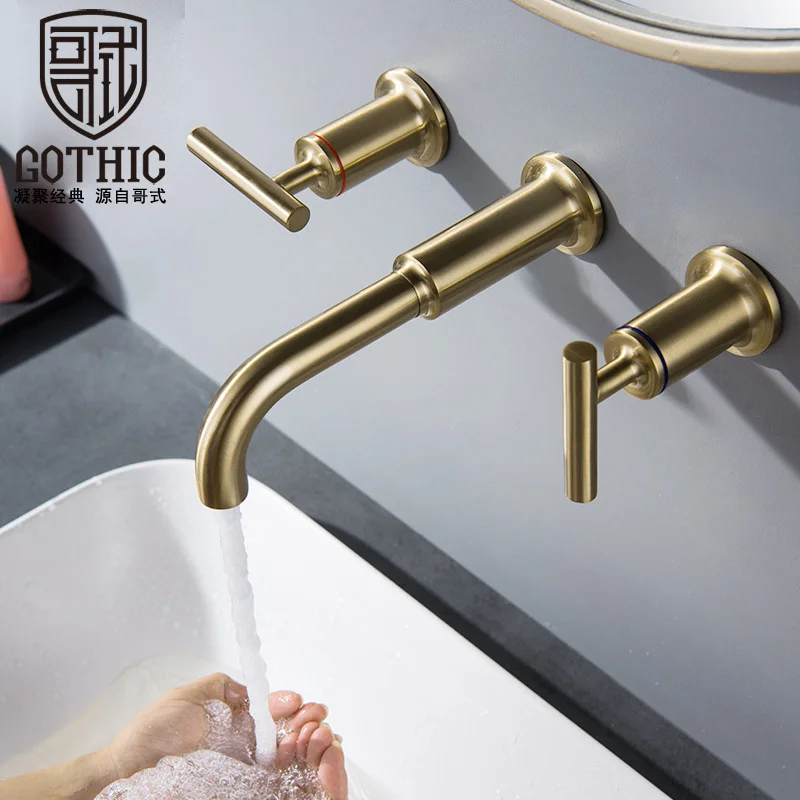 

European style Black Wall Mounted Tap Bathroom Basin Sink Faucet Solid Brass Hot & Cold Mixer Brushed Gold Bathtub Crane Faucets