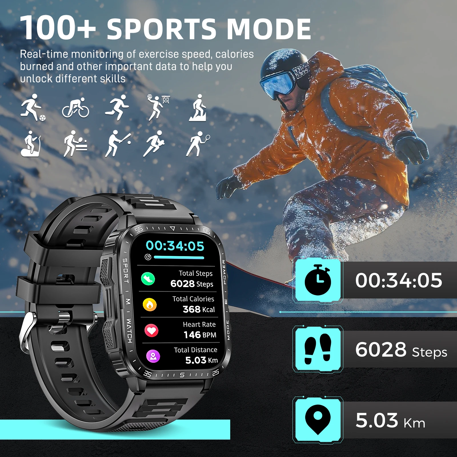 EIGIIS New Military Smart Watch 3ATM Waterproof Watch Fitness Tracker with Heart Rate Sleep Monitor MakeCalls for iPhone Android