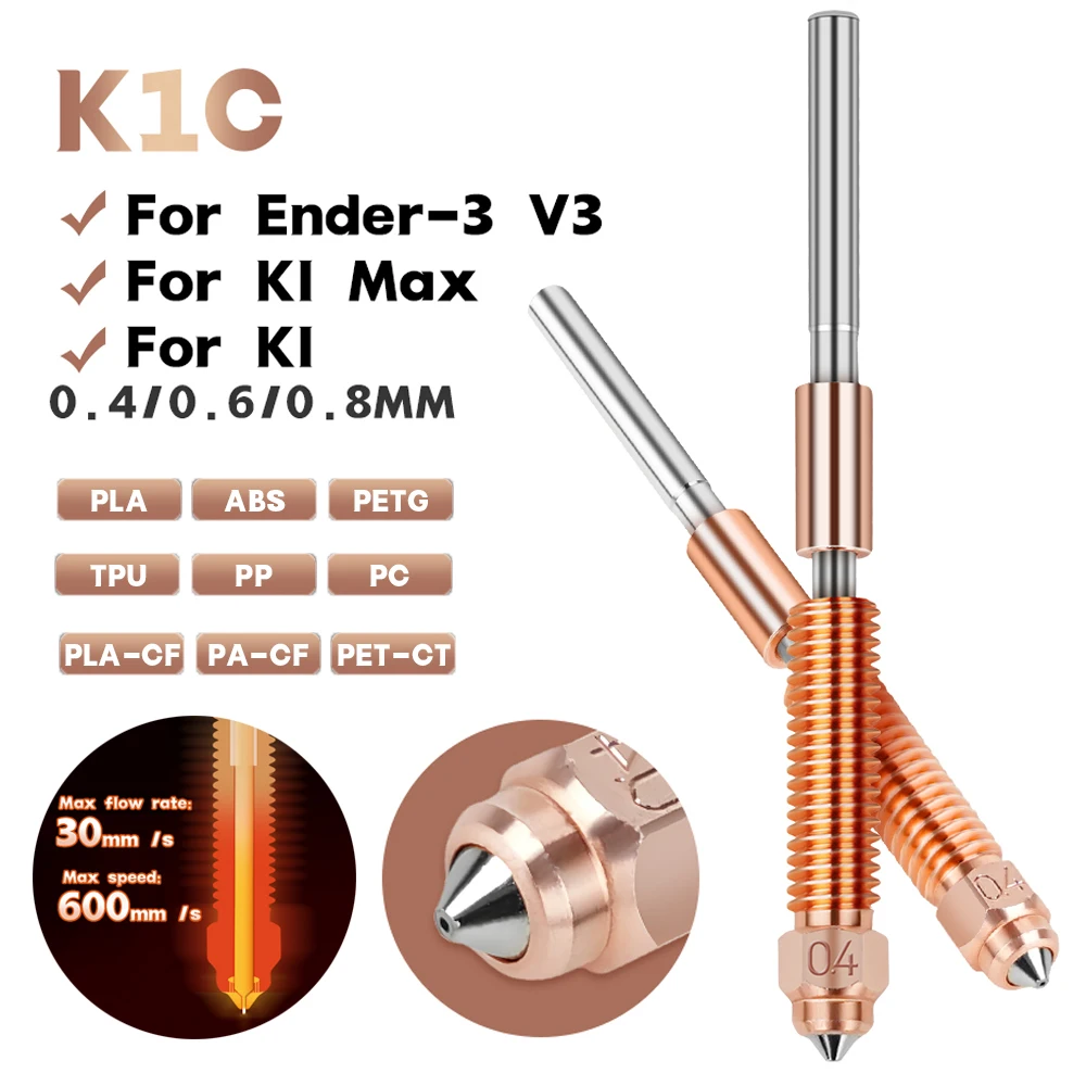 Upgraded K1C All-in-one Copper Titanium Nozzle Hight Flow 0.4 0.6 0.8mm For Creality K1 Max K1C Ender-3 V3 3d printer part