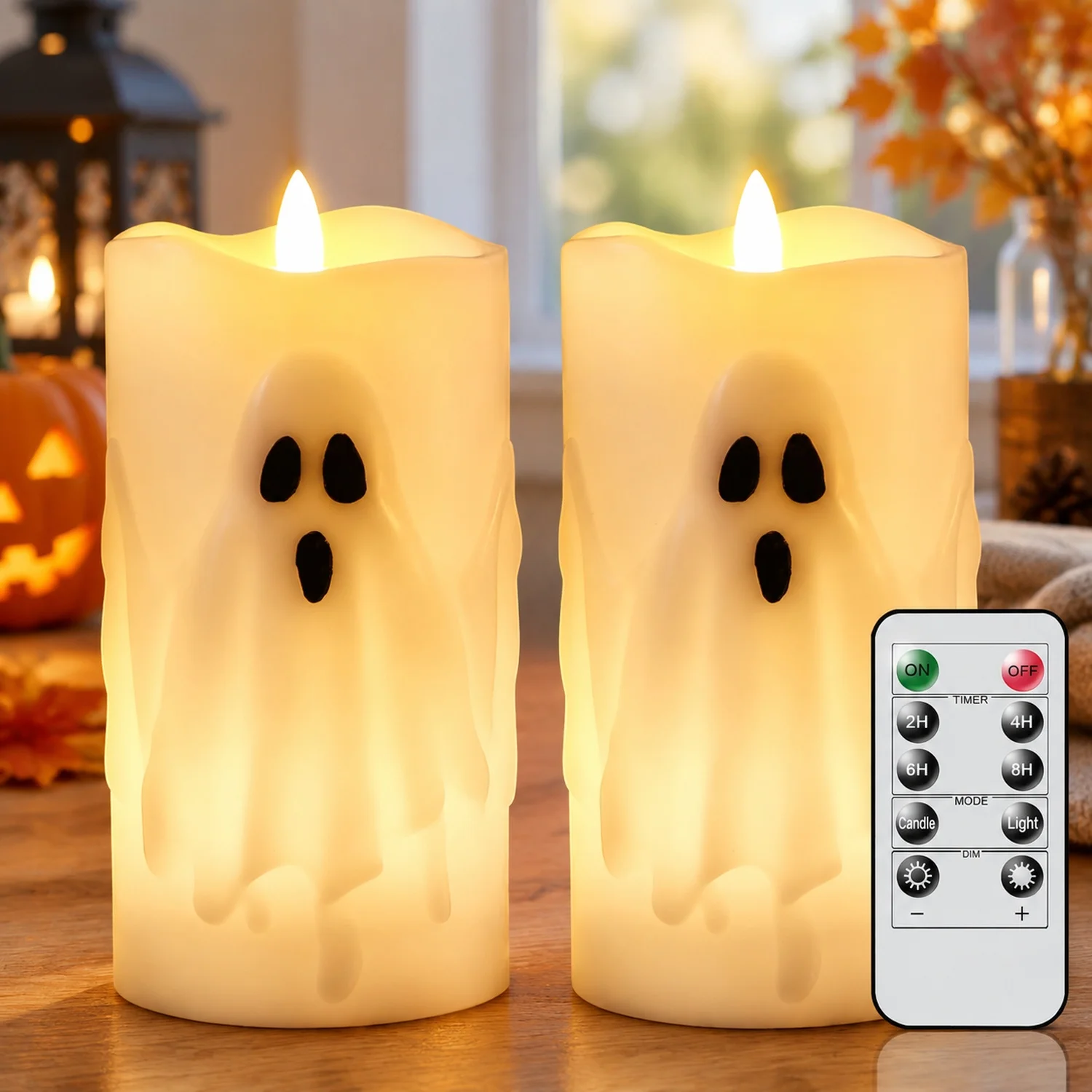 Halloween Ghost Flameless Pillar Candles with Remote Timer, Battery Operated LED Candles for Halloween Decorations Indoor