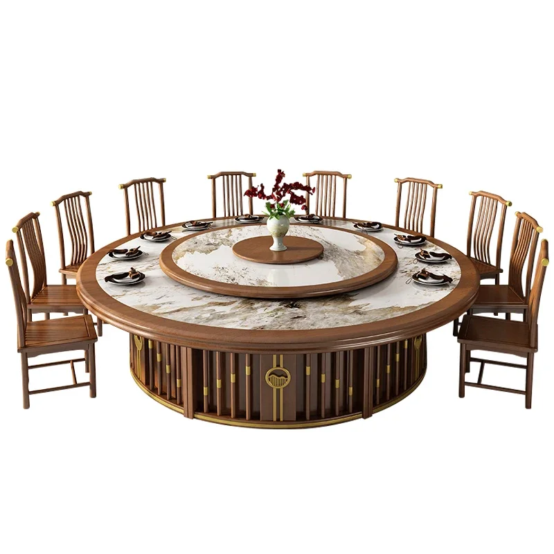 Hotel electric round table new Chinese light luxury 2.8 meters dining table 18 people villa hotel solid wood