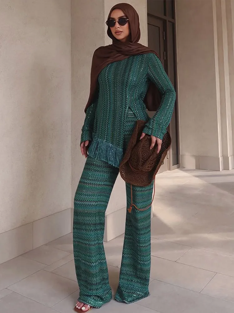 

Elegant Teal Green Pants 2 Piece Set Tassel Trim Long Sleeve Top Flared Trousers Women's Formal Party Outfit 2025 Festival Suits