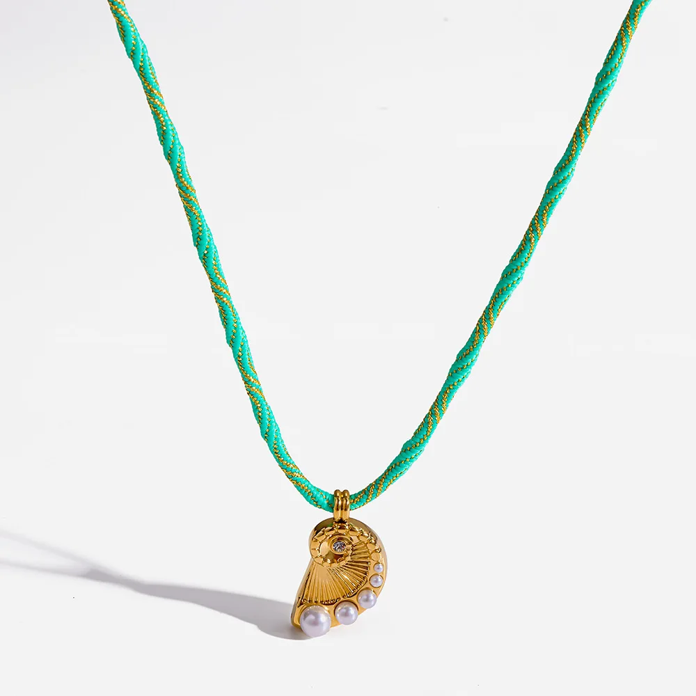 Green Rope Necklace with Gold Color Shell Pearl Pendant Stainless Steel Necklaces Bohemian Beach Charm Jewelry Summer Gift