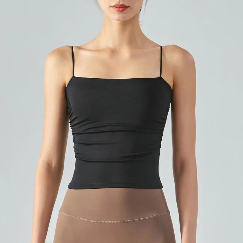 Top feminino plissado com pescoço quadrado Halter, alça fina com almofada no peito, sexy sem costas, à prova de choque, ioga, fitness, colete esportivo com logotipo, esportivo