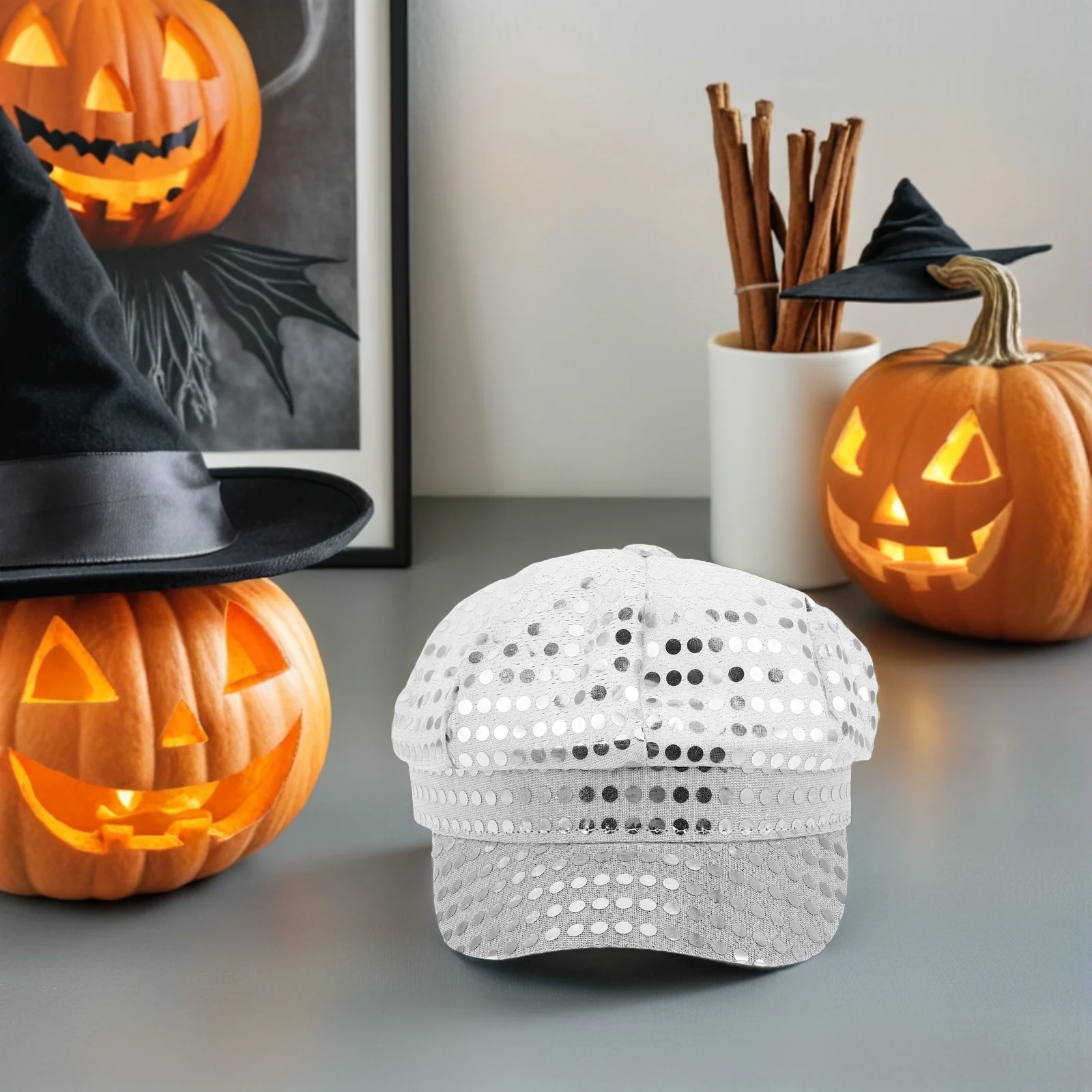 

Retro Sparkly Sequin Octagon Hat For Women Men Shining Mirror Cap Comfortable Lining Halloween Party Stage Costume Disco Ball