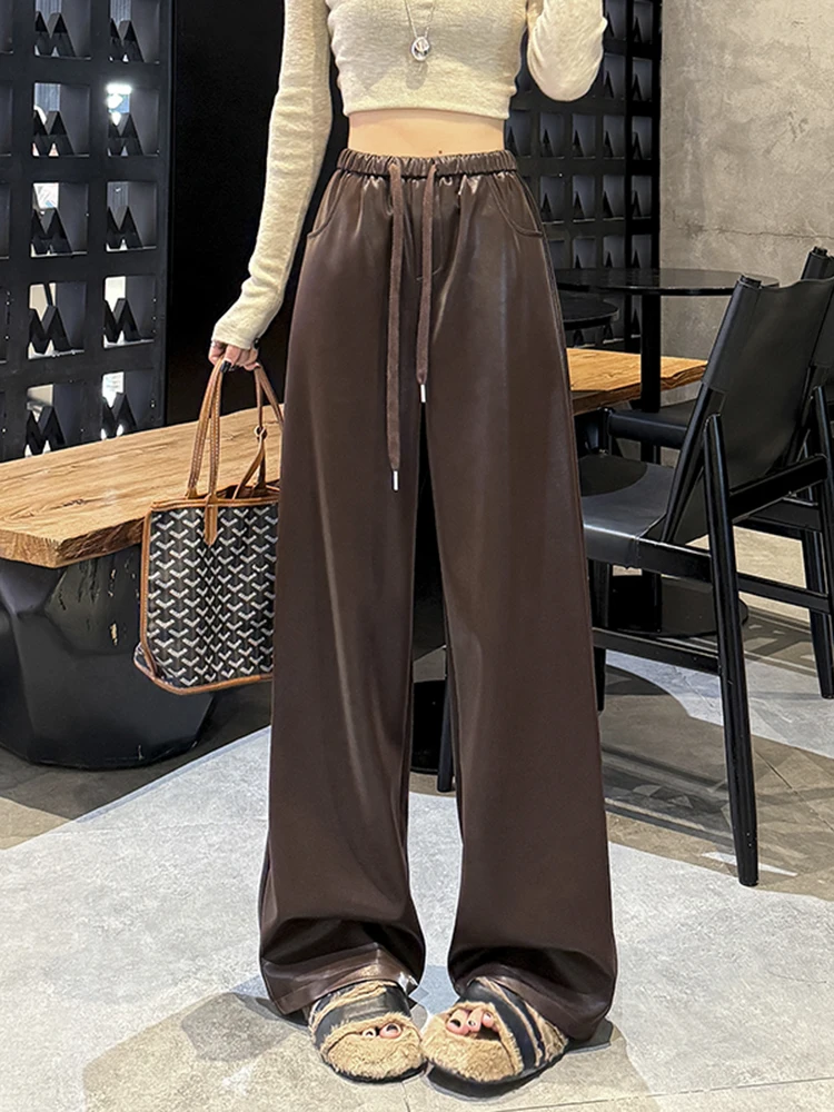 

Matte High Waist Slim Straight Leg Pants Women's Faionable Casual Leather Pants Versatile Sli Straight Leg Trousers