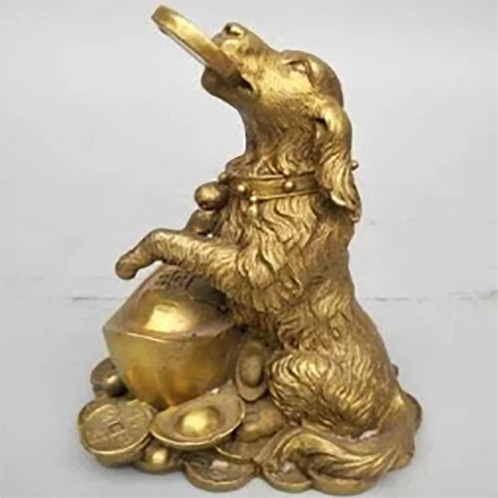 

Exquisite Chinese Handmade Carving Pure Brass Dog Hug Yuan Bao Wealth Rich Animal Statue
