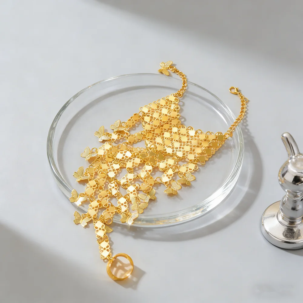 Golden Vintage Ethnic Bracelet, Shiny Hollow Butterfly Pendant Glittering Accessory for Dance Performance Holiday Celebration image 4