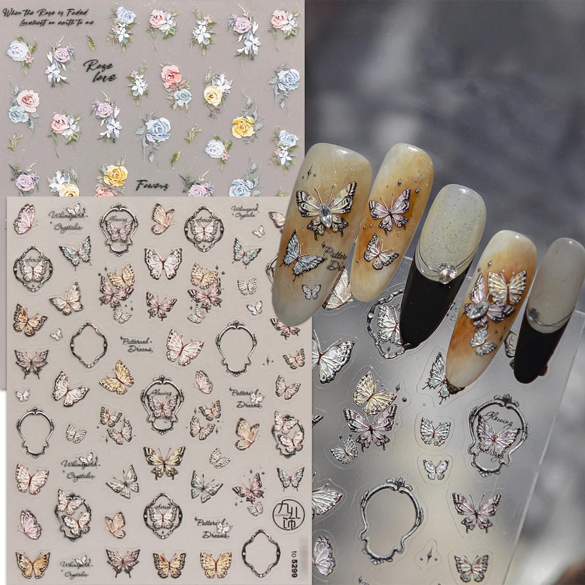 2 szt. Naklejki na paznokcie w stylu vintage z motywem motyli i kwiatów - Delikatne naklejki do zdobienia paznokci, łatwe w aplikacji, dekoracja paznokci, DIY, prezent