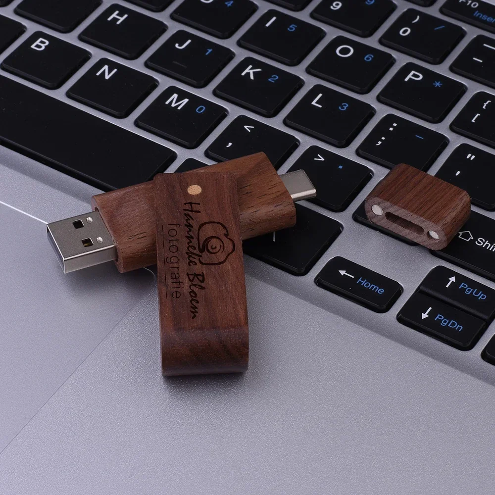 JASTER Rotatable Wooden USB Flash Drives 128GB 2 in 1 TYPE-C Pen Drive 64GB Free Custom Logo Memory stick 32GB Creative gift