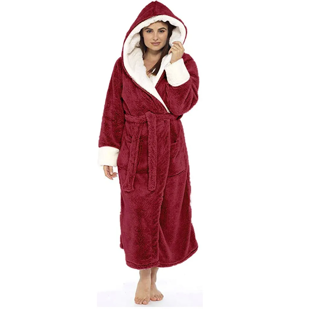 Ladies Underwerwomenwinter Plush Lengthened Shawl Bathrobe Home Clothes Long Sleeved Robe Coat Women\'S Winter Warm Sleeping Robe