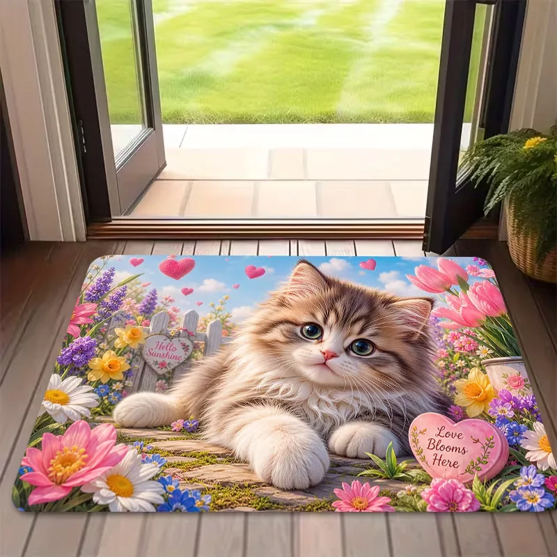 Vintage Christmas Black Cat Santa Hat Doormat Poinsettia Snowflake Holiday Rug Xmas Decor Welcome Mat for Indoor Front Door
