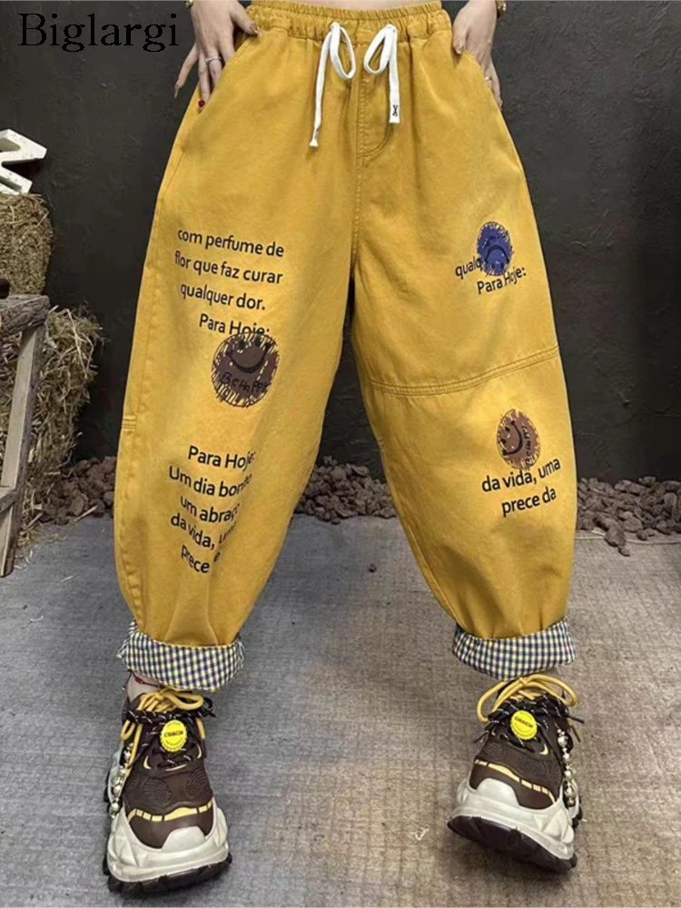 

Jeans Cartoon Letter Summer Wide Leg Pants Women Loose Fashion Ladies Oversized Trousers Elastic Waist Woman Harem Jeans