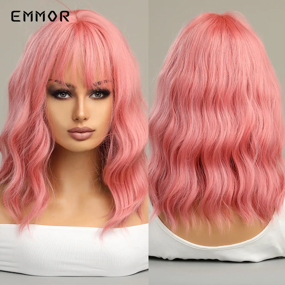 

EMMOR Synthetic Natural Short Pink Red Water Wavy Hair Wig with Bangs for Women Heat Resistant Bob Wigs Daily Cosplay Party Wigs