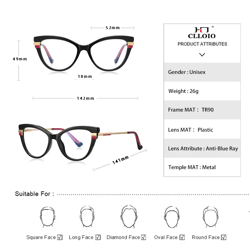 CLLOIO New Fashion Women Cat Eye Reading Glasses Anti Blue Light Female Myopia Prescription Glasses Hyperopia Optical Eyeglasses