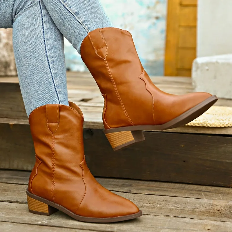 Botas occidentales de punta estrecha para mujer, zapatos de tacón grueso de tubo medio sólido, talla grande, gran oferta, Invierno