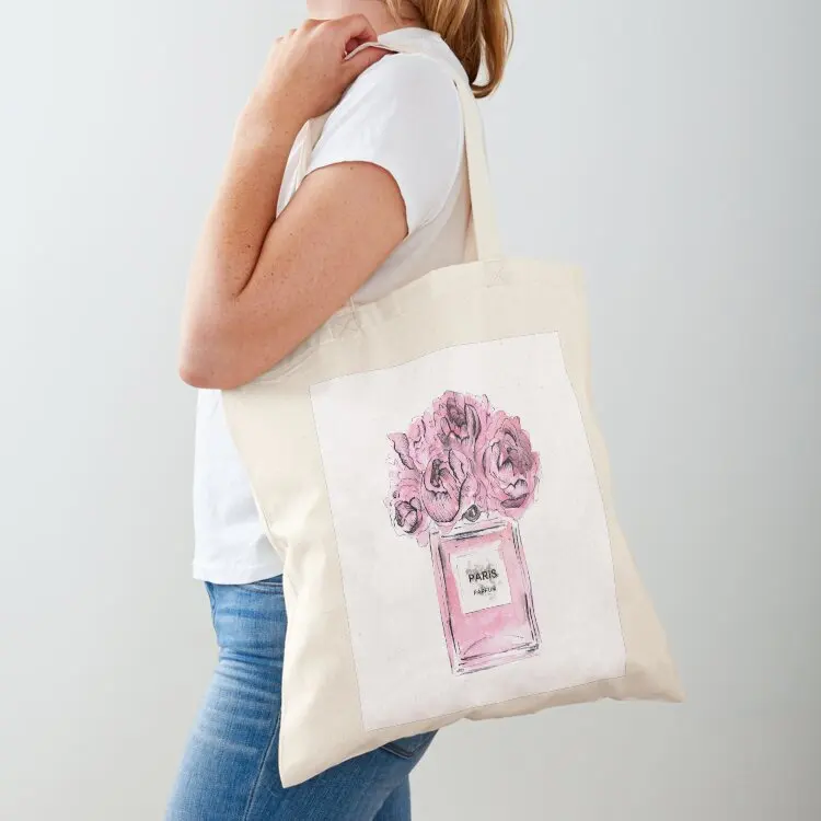 

Perfume Bottle Watercolor Painting Hand Drawn With Pink Flowers Tote Bag Canvas bag Candy bags custom canvas bag