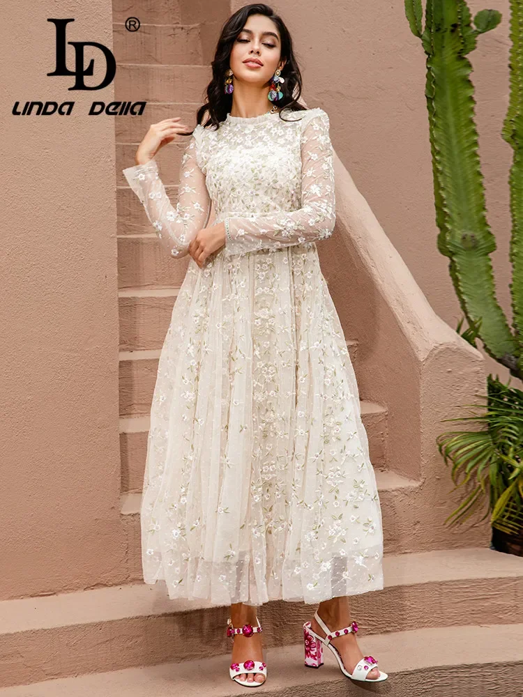 LD LINDA DELLA Designer 2024 New Summer Fashion Mesh Dress Women's Short Sleeve Flowers Embroidery Holiday Party Long Dress