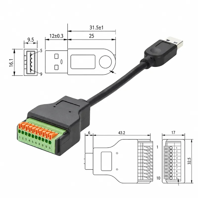 USB 3.0 to 10 Pin Spring Crimp Terminal Block Connector Cable Type A Male to Quick Connect Solderless Terminal Breakout Board