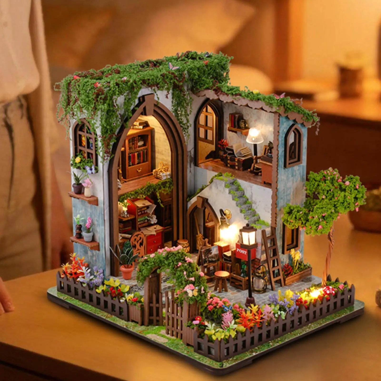 Adults Miniature House Kits Warm Light Realistic Creative Fun Wooden Building Model Room House Puzzle for Bedroom Office Lounge