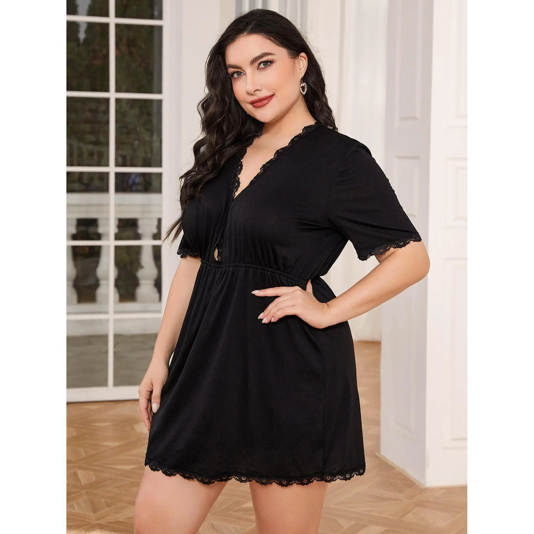 Large Size L-5XL Women Pajamas Black Lace V-Neck Short Sleeves Nightwear Female Summer Sexy Nightgown Mujer Loose Lounge Wear