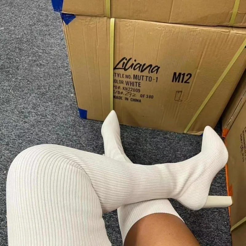 Botas de moda sexy para mujer, por encima de la rodilla, de caña alta, con punta, de punto acanalado, elásticas, tipo calcetín, con tacón de bloque, elegantes para damas.