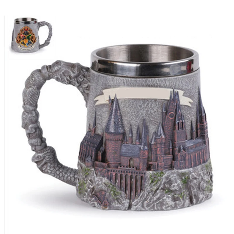 Stainless Steel Coffee Cup Castle Embossed Heat-resistant Mug Double Wall Insulated Wine Glass with Handle Birthday Present