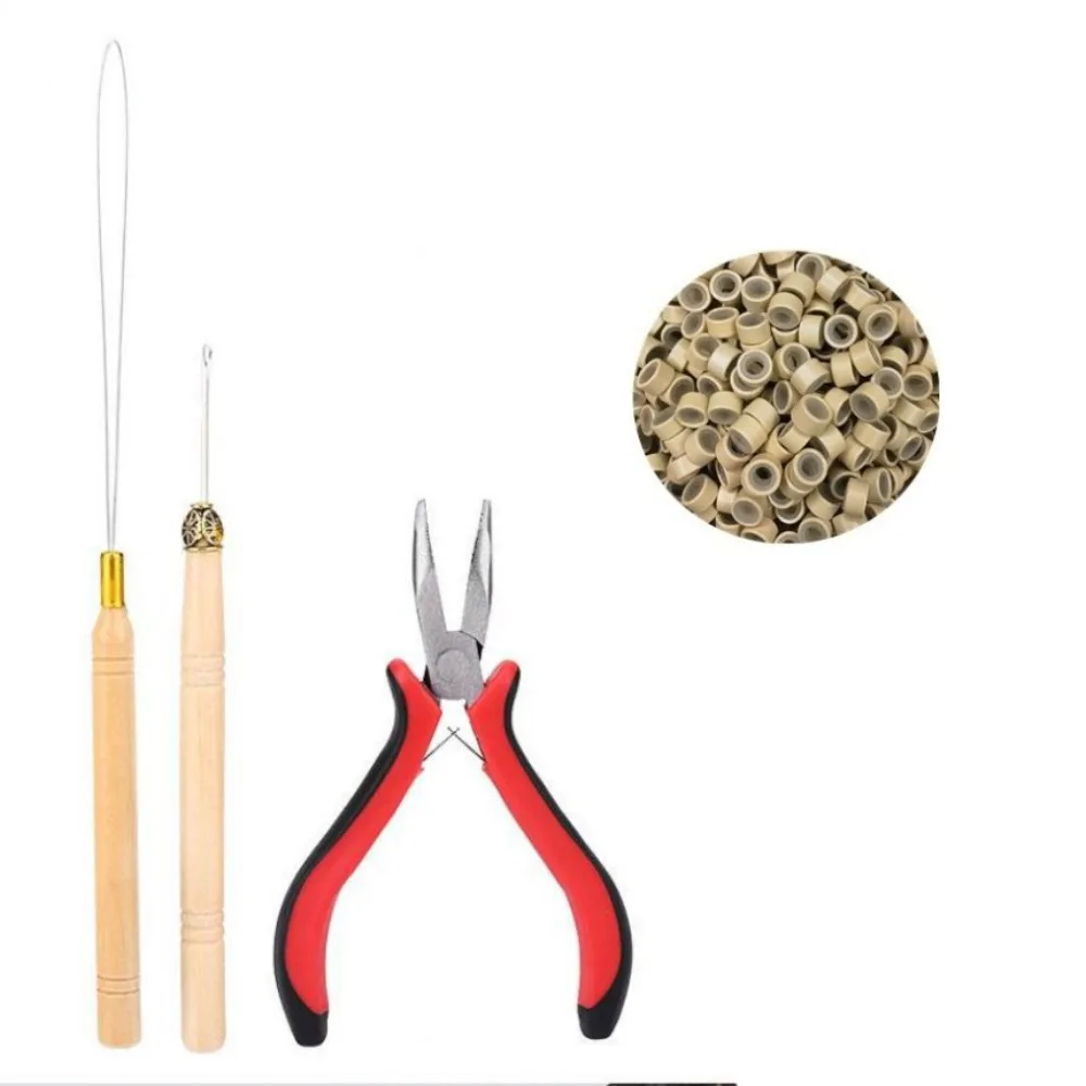 Hook Needle Hair Extensions Tools Kit Pulling Needle Loop Threader 500pcs Micro Ring Beads DIY Silicone Rings Micro Beads Plier