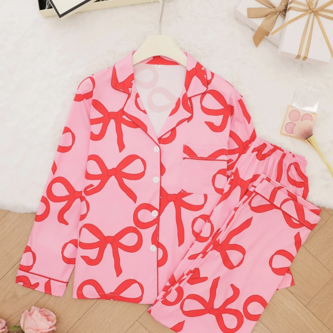 

Женский пижамный комплект на рождественскую тематику с розовым бантом и лацканами с длинными рукавами и длинными брюками, одежда для дома, домашняя одежда, подарки