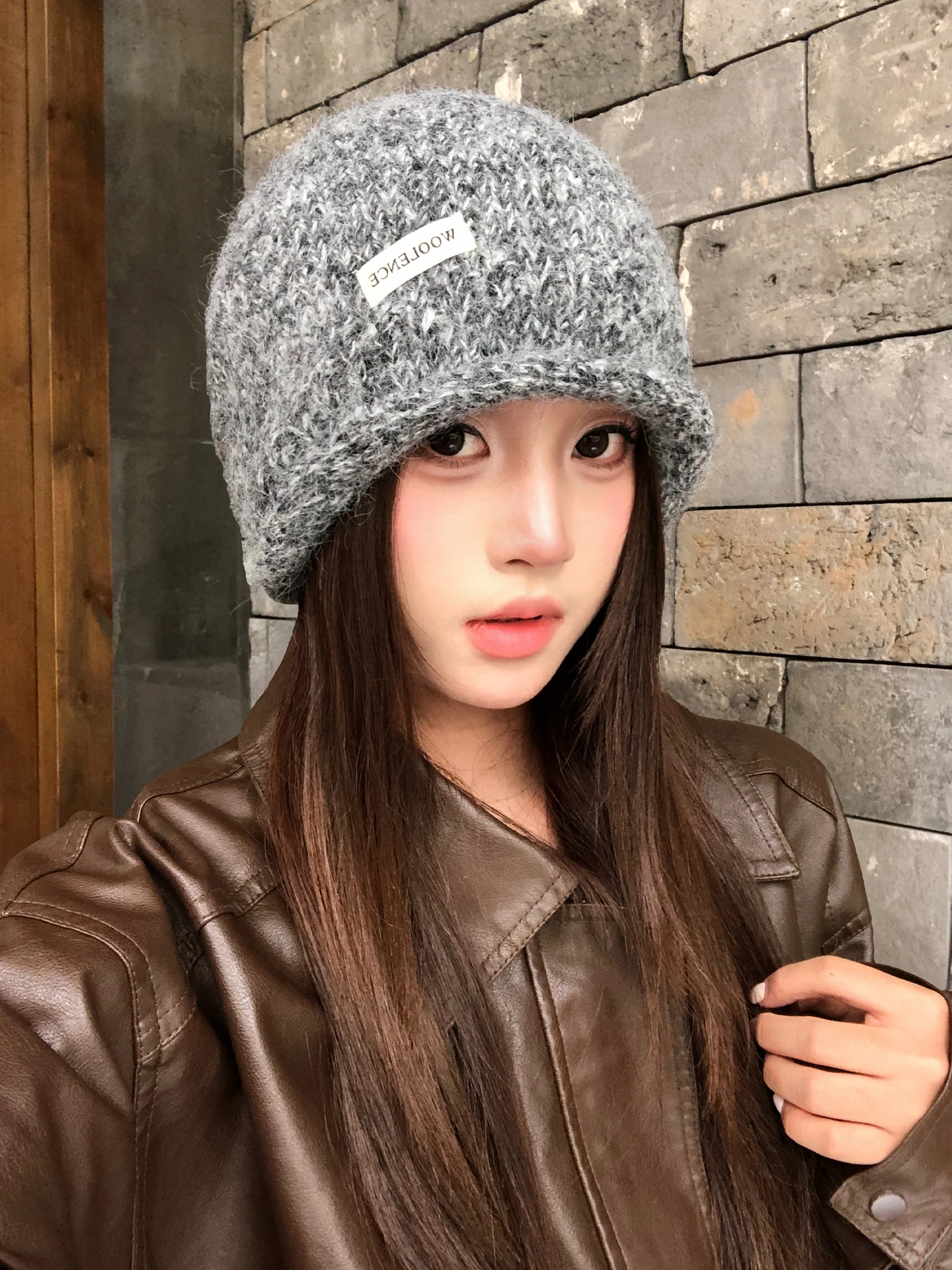 Warm Wool Knitted Turtleneck Cap for Women with Letter Labels Ear Protection Face Slimming Autumn Winter Casual Style