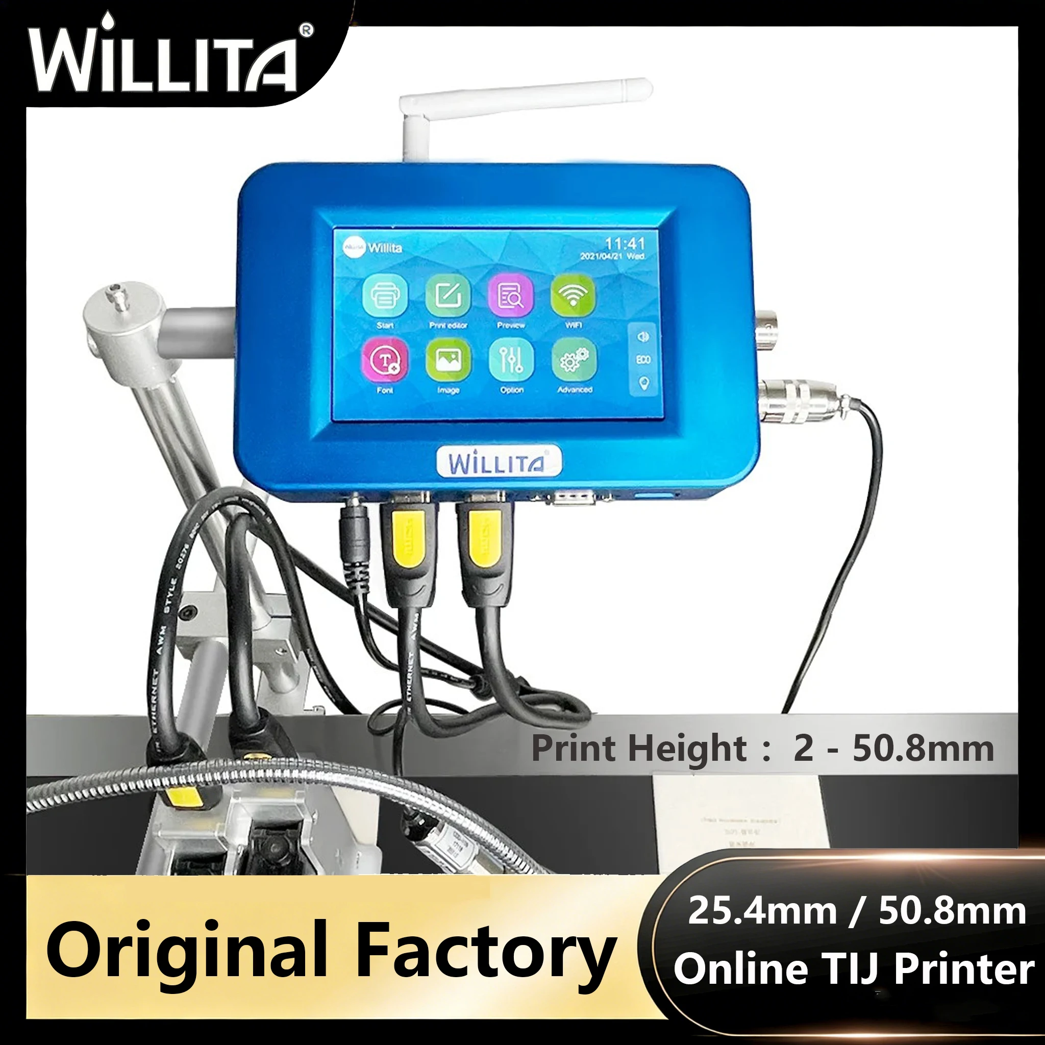 

Промышленный онлайн-принтер WILLITA 25,4 мм / 50,8 мм для непрерывной печати TIJ: кодирование, номера партий, логотипы, даты, QR-коды