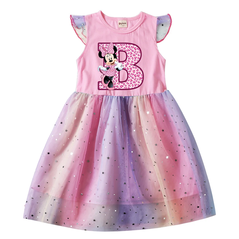 

Girl Dress Disney Minnie Mouse Letter A B C D Kids Flying Sleeve Dresses Children Cartoon Casual Girls Gauze Baby Kawaii Clothes