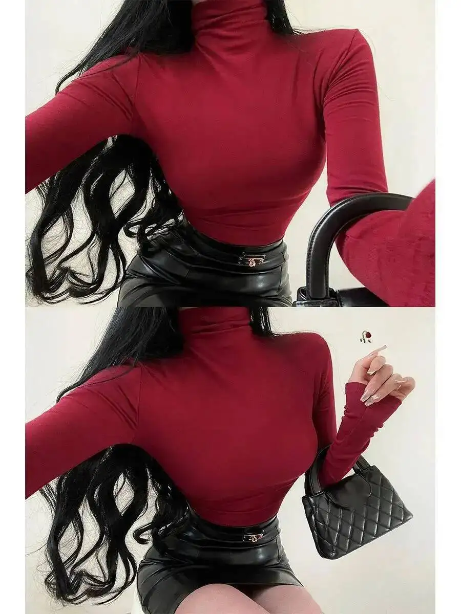 

Pure Desire Basic с высоким воротником, обтягивающая эластичная рубашка с плюшевым низом, футболка с длинными рукавами, топ, женская футболка, модная женская футболка VKK7