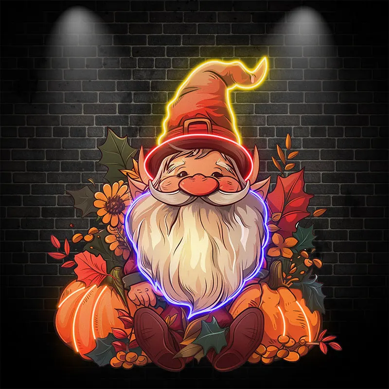 Thanksgiving Gnome Neon Light Sign - Cute Fall Harvest Decor with Pumpkins and Leaves, Perfect for Autumn Festivities & Holidays