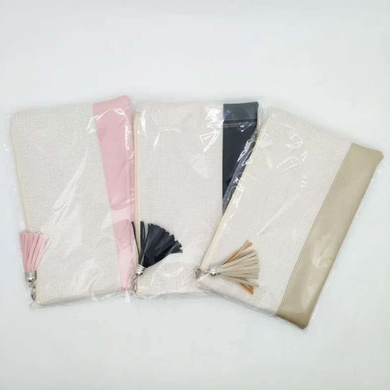 

5pcs Cosmetic Bags Sublimaton Blank PU Patchwork Linen Protable Storage Bag With Lining