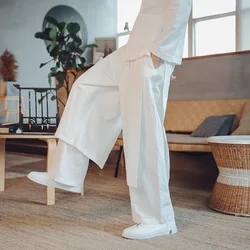 2026 Cozy Black Cotton Linen Hakama Kung Fu Pants Men Patchwork Wide Bottom Wushu Pants Male Chinese East Style Grey Harem Pants