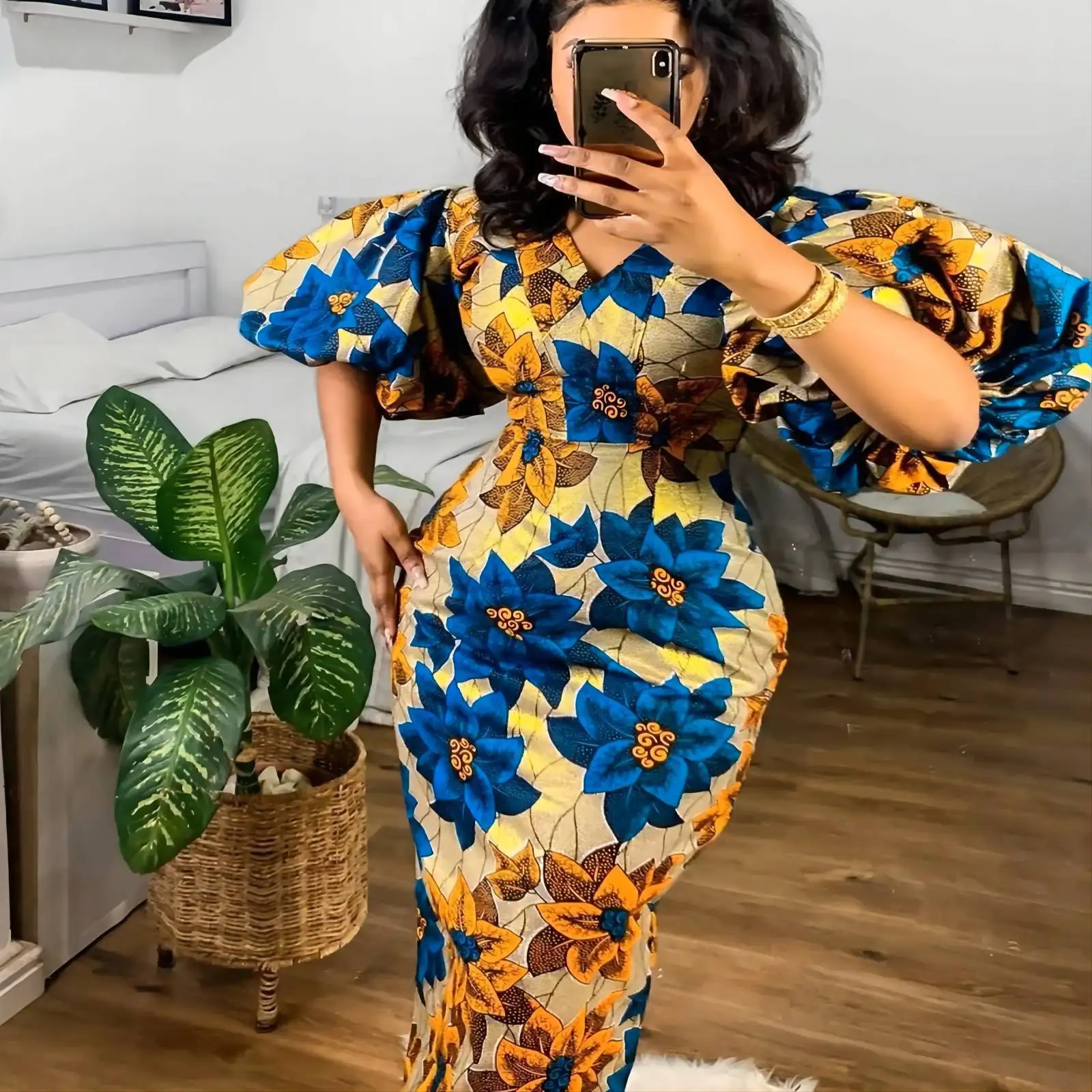 Elegant African Print Dresses for Women African V-neck Short Lantern Sleeve High Waist Party Wedding Gowns African Dresses Women