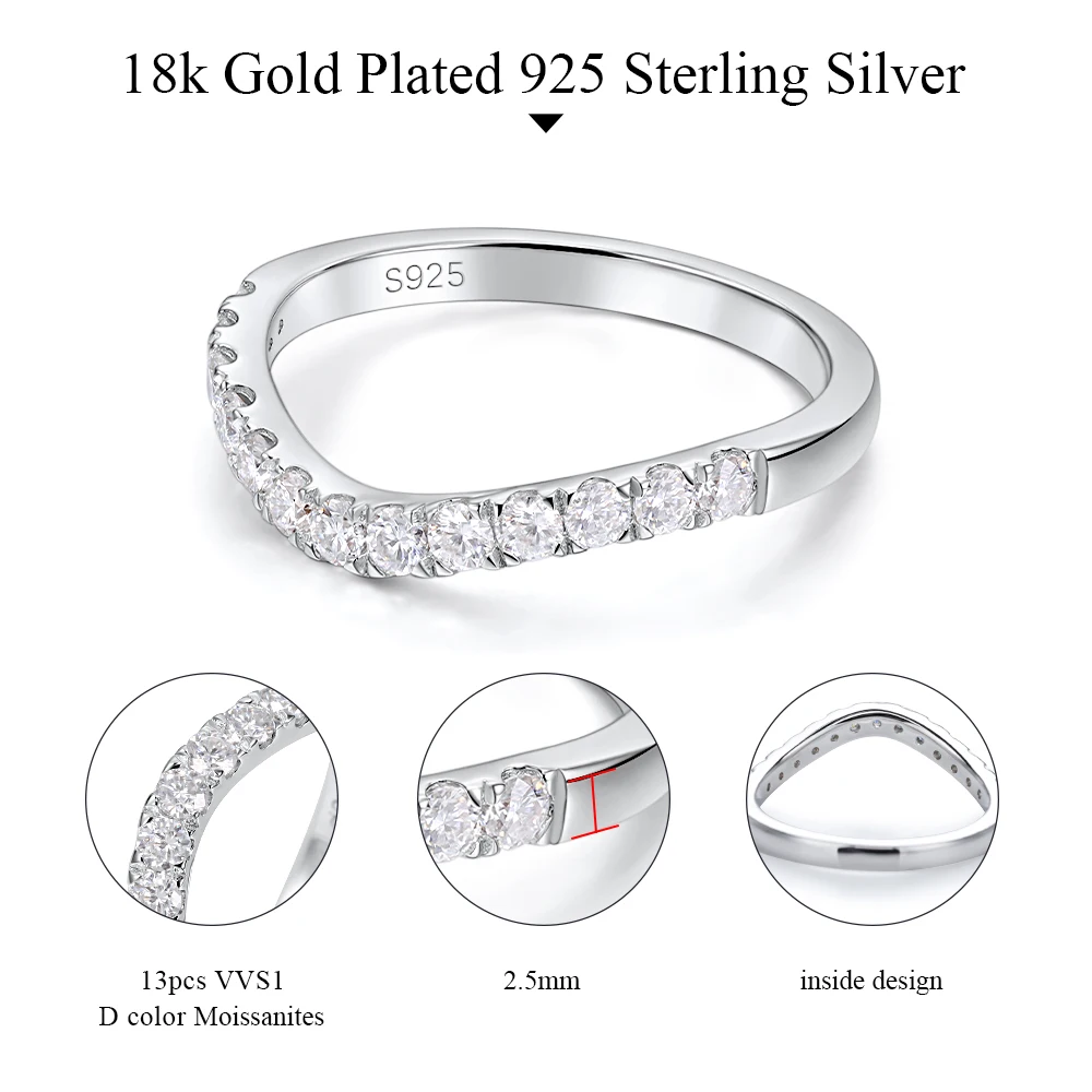M-JAJA Half Eternity Moissanite Ring Curved Wedding Band S925 Sterling Silver 0.39ct D VVS1 Lab Diamond Rings for Women Jewelry