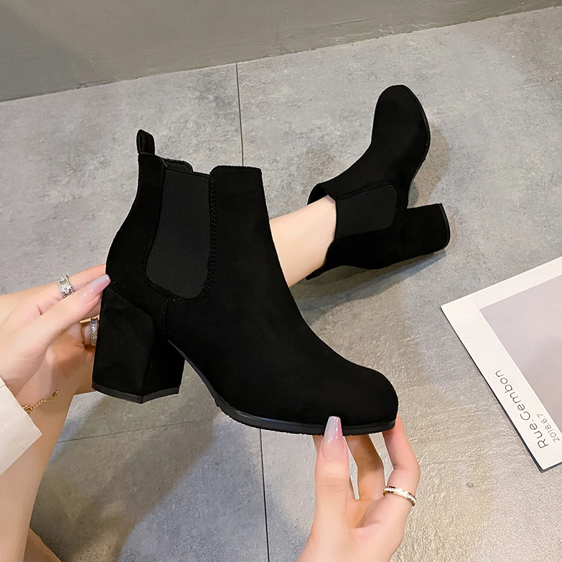 Botas Mujer 2023 Winter New Round Toe Flock Chelsea Boots Women Thick Heel Slip-On Retro Ankle Boots Women\'s Shoes Rubber Basic