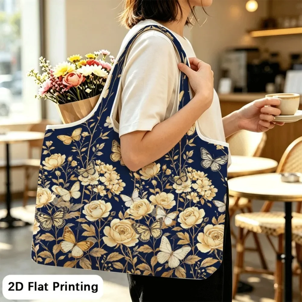 Butterflies roam golden blossoms Portable multifunctional shoulder tote, foldable for easy storage.
