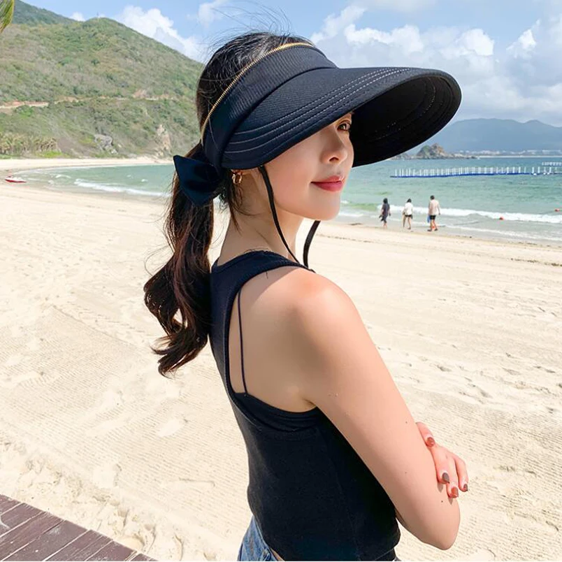 Women Fashion Removable Cap Top Empty Top Caps Ladies Double-sided Wear Zipper Sun Hat Shading Cap Wide Brim Anti-UV Beach Hats