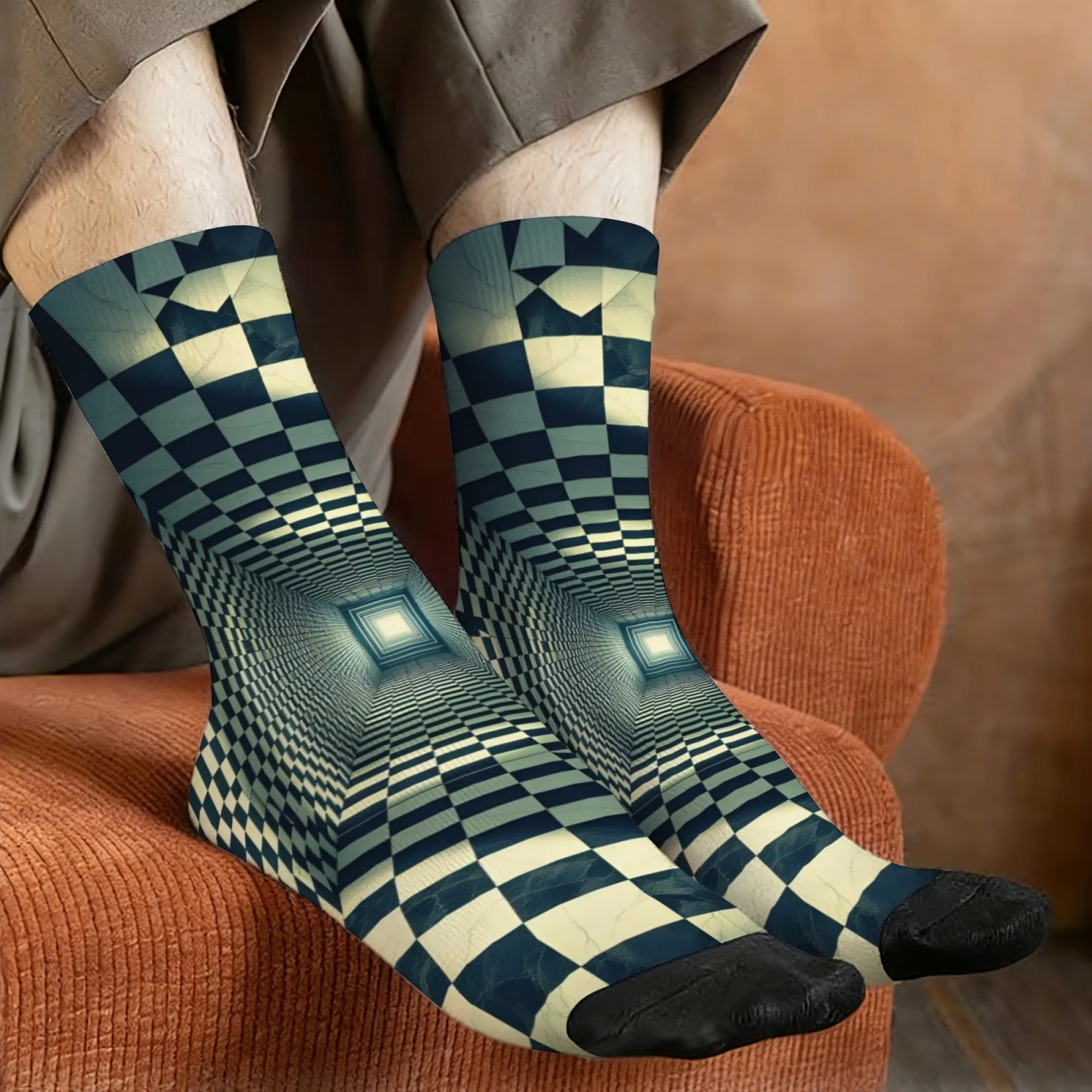

Vintage Op Art Style Tunnel Checkerboard Optical Illusion Crew Socks Retro Distressed Mid-Calf Socks Edgy Casual Wear