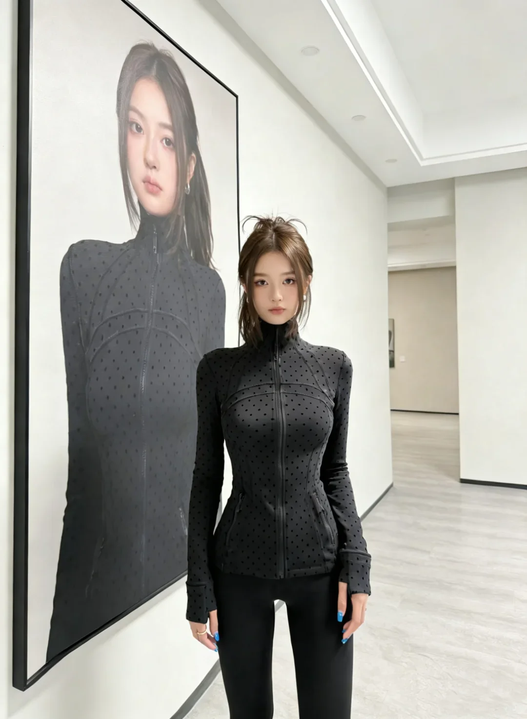 

LULU FLORA flocked polka dot jacket, elegant small stand collar long-sleeved outerwear, quick-dry and breathable for sports yoga