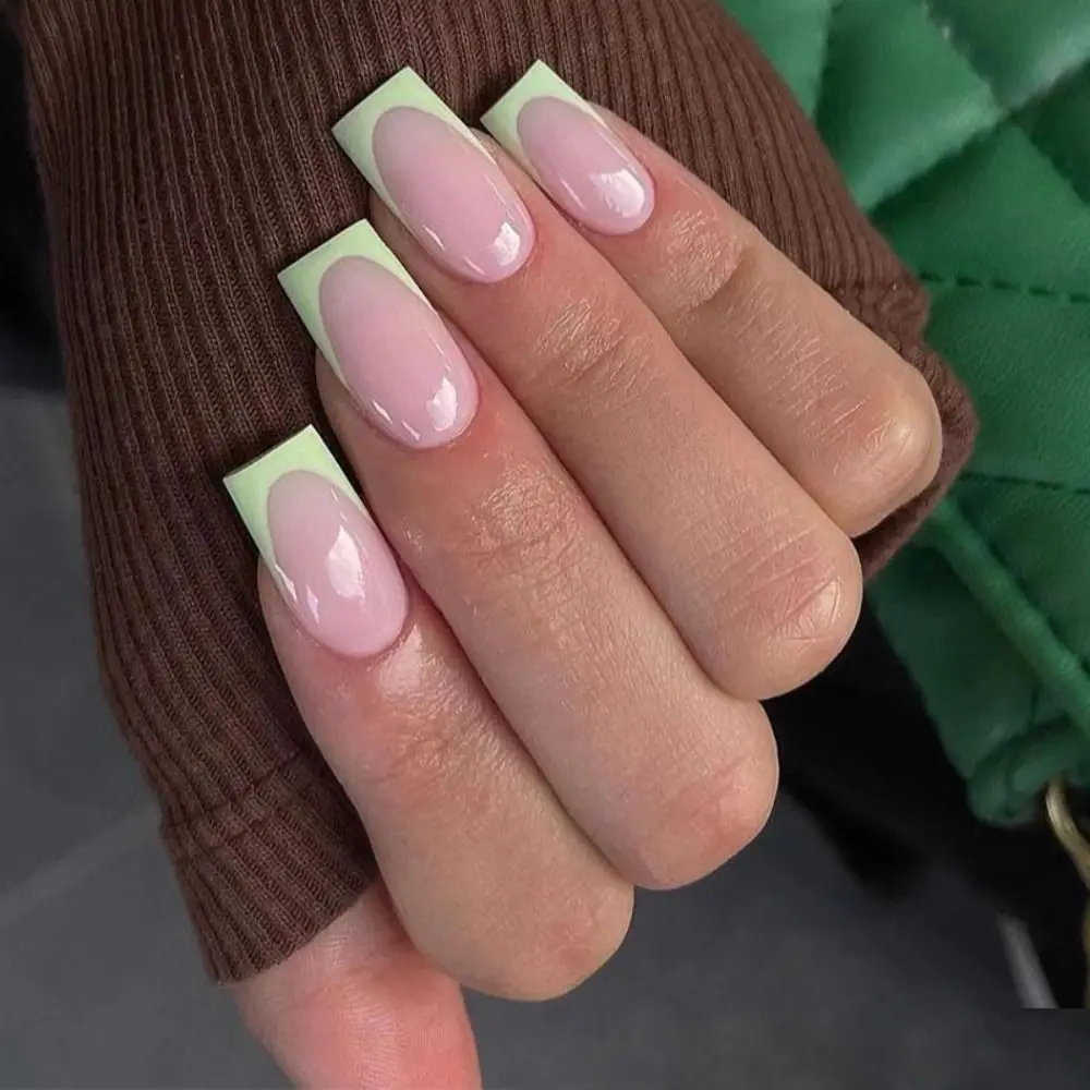 Uñas postizas para manicura, accesorio para uñas postizas de 24 piezas, con borde verde, estilo francés