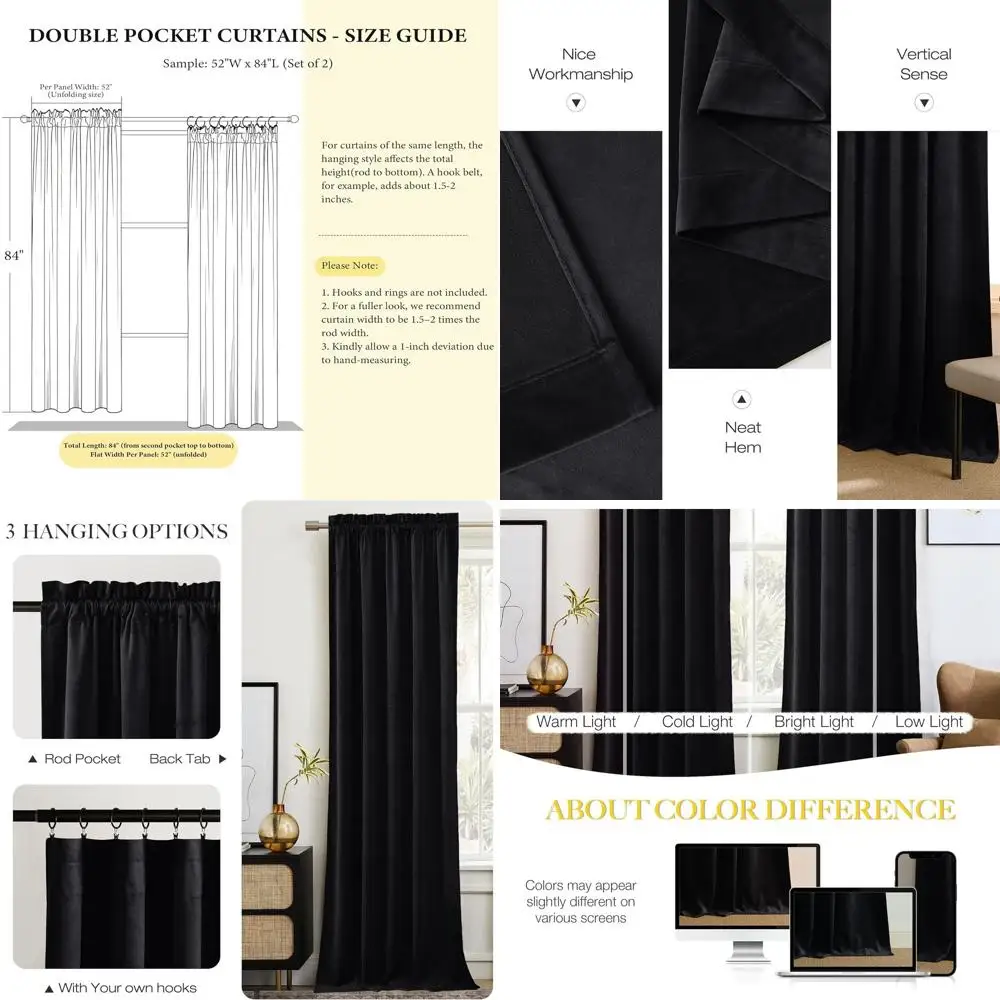 

Толстые утепленные черные бархатные шторы для патио, прочные оконные занавески для больших раздвижных дверей (2 панели, 144 дюйма)