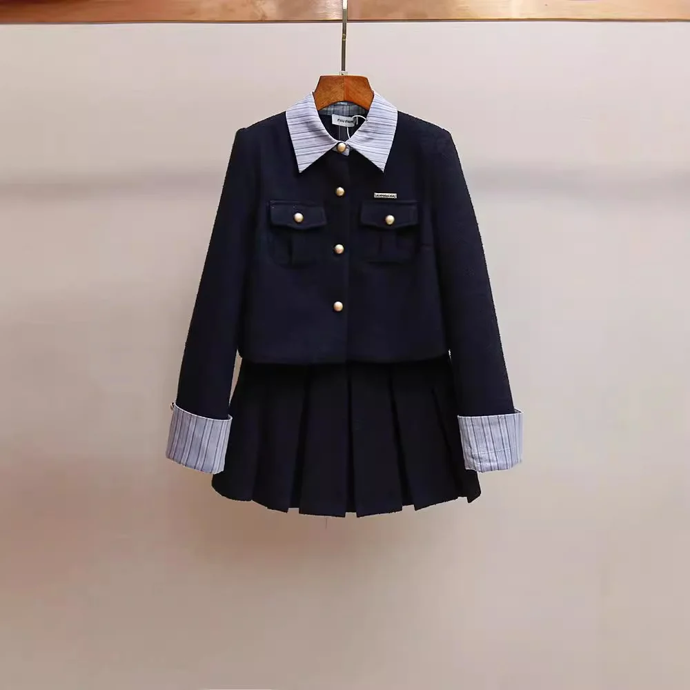 

Высококачественный женский костюм для колледжа со плиссированной юбкой, комплект из двух предметов, осенняя коллекция, модная рабочая одежда