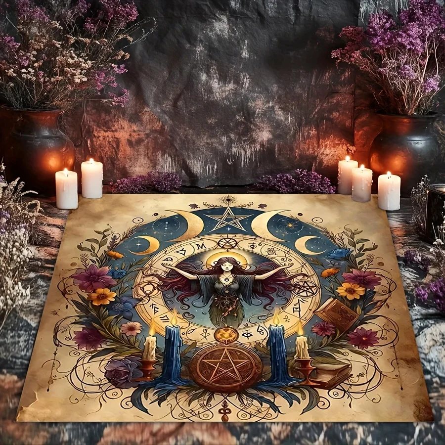 Vintage Witch Triple Moon Pentagram Tarot Altar Cloth Witchcraft Divination Mat for Tarot Reading Spiritual Ritual Home Decor