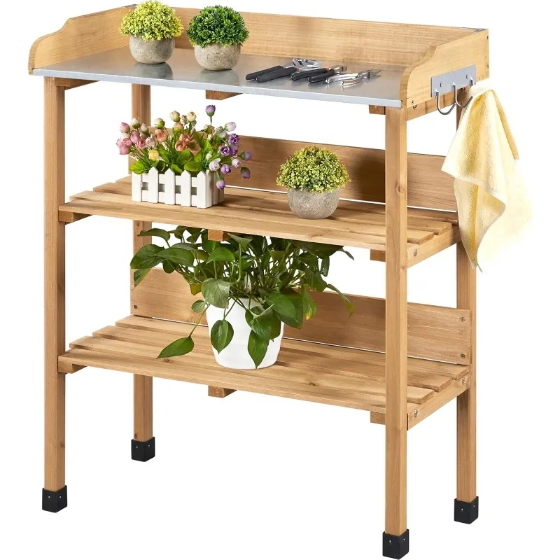 

Outdoor Garden Potting Bench Table Wooden Horticulture Planting Worstation w/Metal Tabletop/Storage Shelf/3 Hooks, Natural Wood