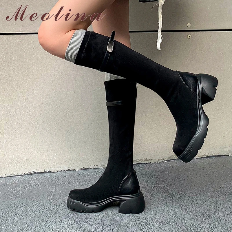 

Meotina Women Genuine Leather Knee High Boots Round Toe Thick High Heels Zipper Long Boot Ladies Fashion Shoes Winter Black 41
